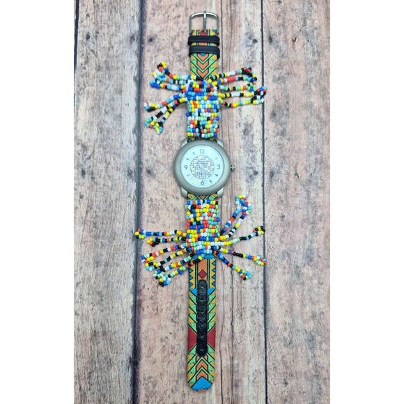 Leather Band Native Seed Bead Jacques Couture Watch Works New Battery Unique - Picture 5 of 9